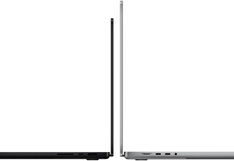  Vienas ?alia kito pateikti 14 ir 16 coli? ?MacBook Pro“, parodantys dyd?io skirtum? ir pabr??iantys siaur? profil?