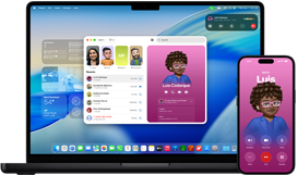 ?MacBook Pro“ ir ?iPhone 16 Plus“, atidaryta programa ?Telefonas“, abiejuose ekranuose rodomas tas pats kontaktas