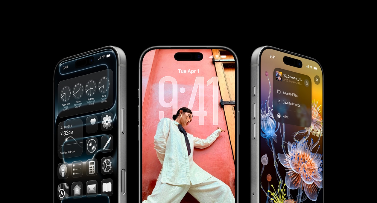 3 iPhone 17 Pro mode?i, ārpuse no priek?as, līdzās, tiek demonstrēta World Clock funkcija, iOS 26 blo?ē?anas ekrāns un iespēja saglabāt piezīmes no Notes aplikācijas