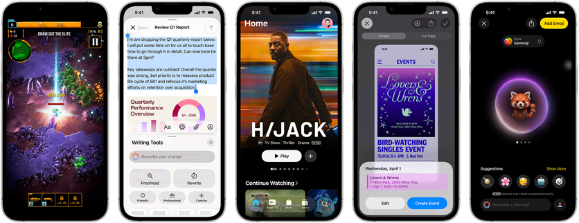 Blakus vairāki iPhone 17e, kuru ekrānos redzams at??irīgs saturs: Writing Tools, Apple TV aplikācija, veido notikumu kalendārā, tiek veidots Genmoji