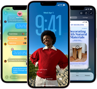 Trīs iPhone 17e, kuru ekrānos darbojas Messages aplikācija ar Liquid Glass dizainu, dinamisks blo?ē?anas ekrāns un vizuālā intelekta funkcija