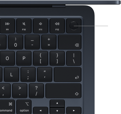 MacBook Air tastatūra, aug?ējais labais stūris, demonstrē Touch ID pogas atra?anās vietu