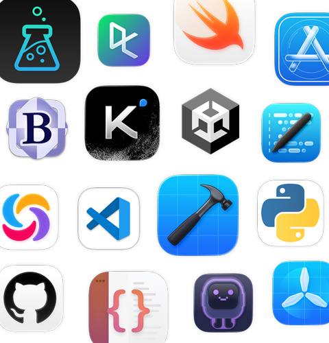 一系列編碼 app 圖像，包括 Unity Editor、DataCamp、Swift Playground 和 Apple Developer。