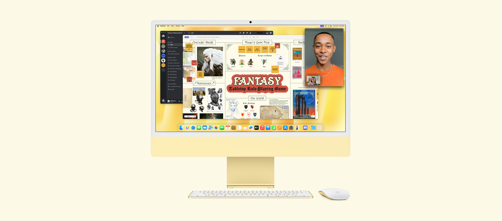 黃色 iMac，螢幕顯示在進行 Fantasy Tabletop Role-Playing 遊戲，並同時使用 Freeform、Discord 及 FaceTime app。