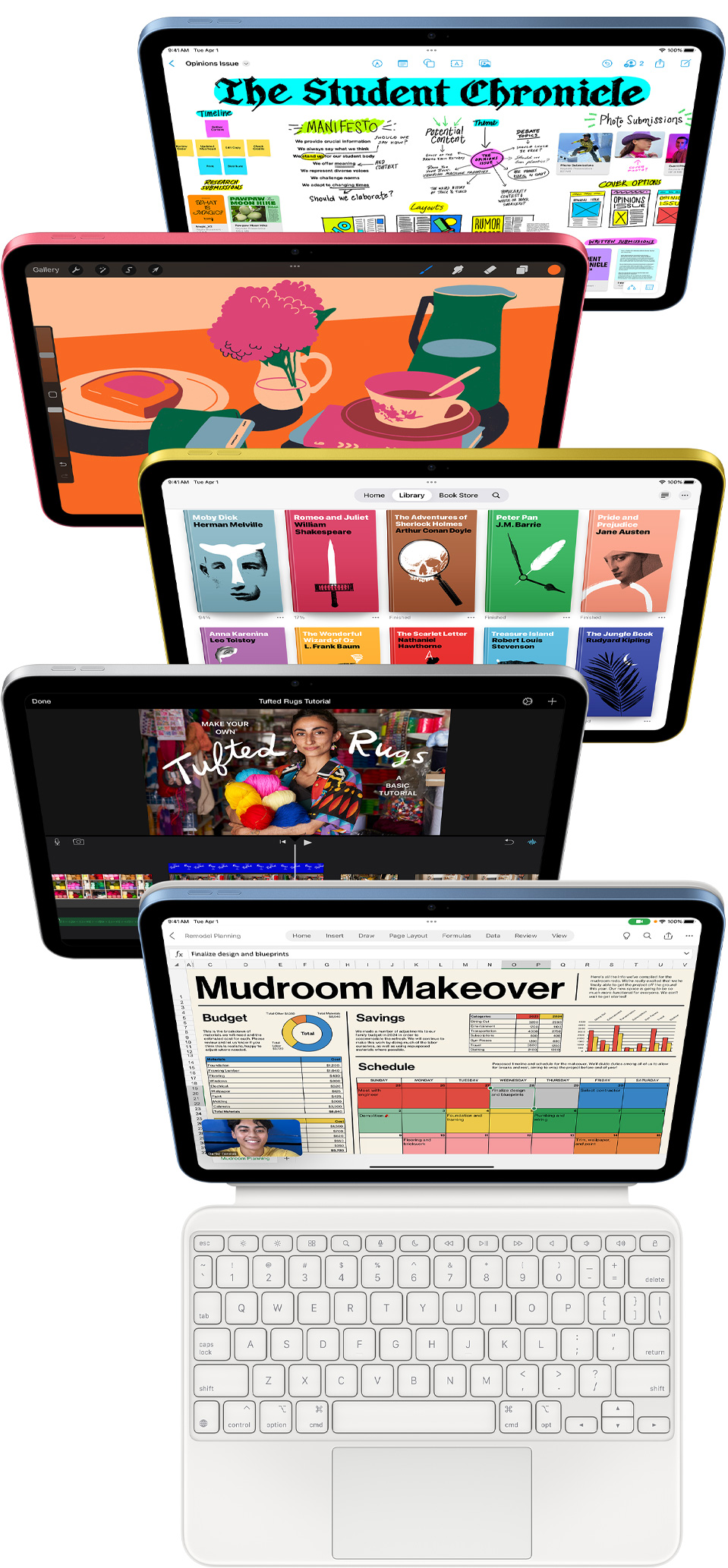 多部 iPad 的正面圖，螢幕顯示各式各樣的 app，包括 Freeform、Procreate、Apple Books、iMovie、Excel 和 Webex Meetings。