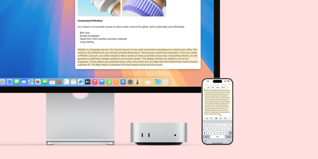 Mac 顯示器、銀色 Mac mini 和 iPhone 排成一行，顯示器和 iPhone 螢?zāi)簧险故就ㄓ眉糍N板功能，從一部 Apple 裝置複製內(nèi)容貼至另一部裝置。