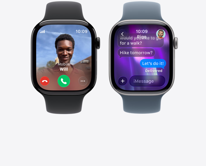 Apple?Watch Series?11 裝置，展示來(lái)電、聯(lián)絡(luò)人相片、接聽(tīng)與拒接來(lái)電按鈕、iMessage?對(duì)話(huà)