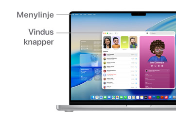 Visning av navigering i macOS p? en MacBook, ved hjelp av menylinjen ?verst p? skjermen og Dock.