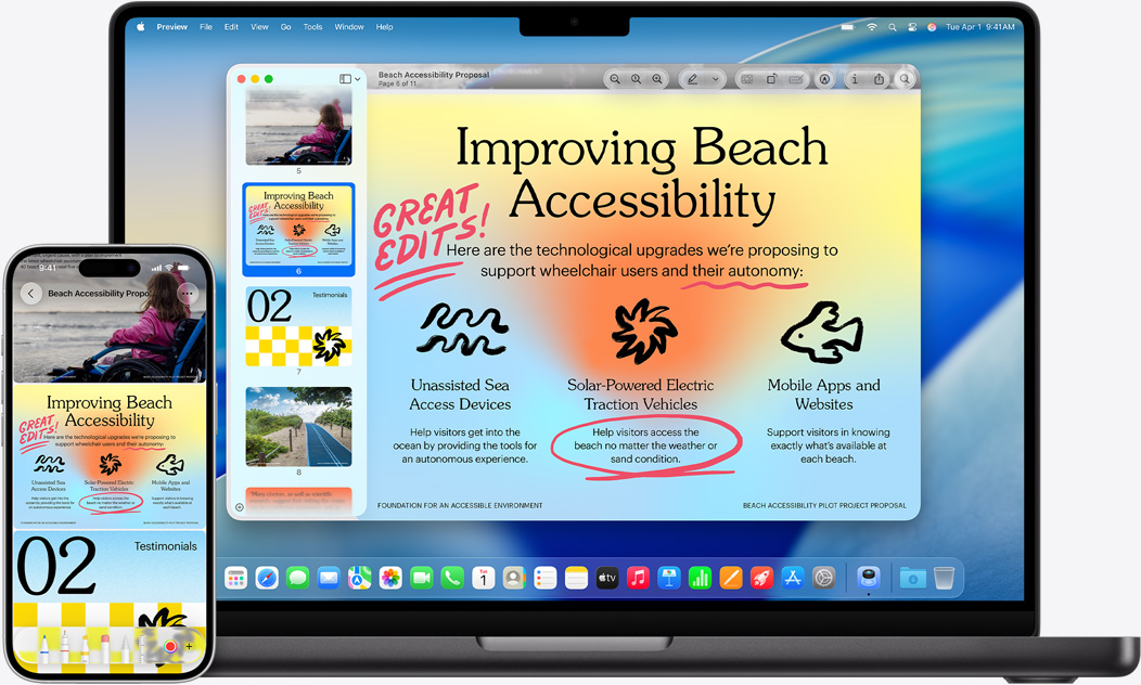 iPhone i MacBook ustawione obok siebie, na MacBooku wida? efekt klonowania. Wid?ety Kalendarza i Notatek u góry ekranu, apki u do?u.
