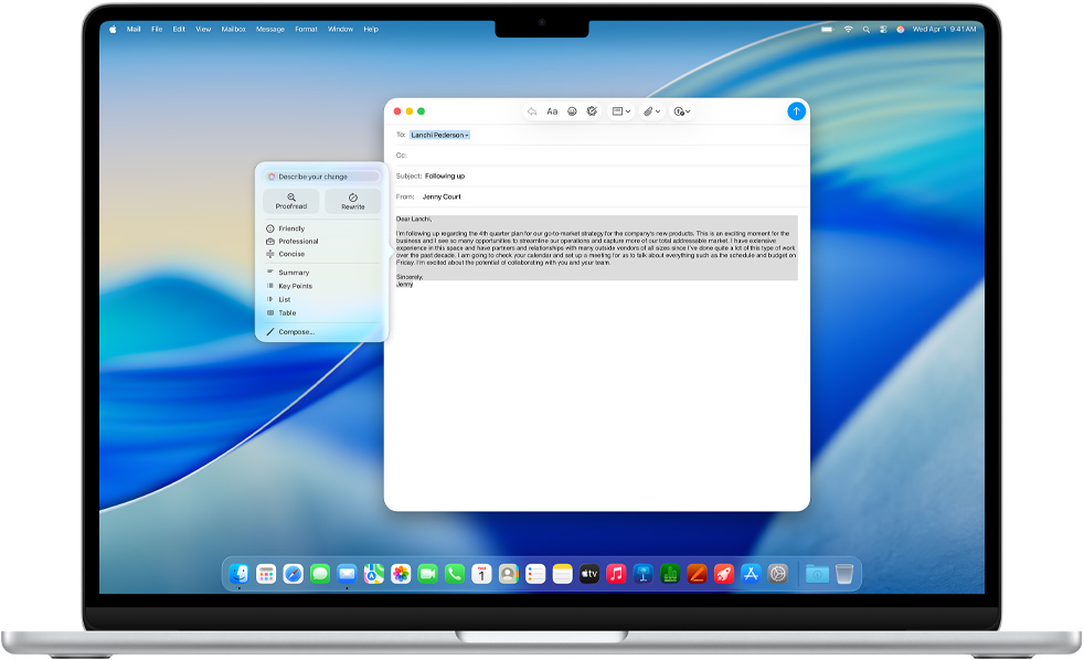 Ekran MacBooka Air przedstawiaj?cy Narz?dzia pisania Apple Intelligence podczas pisania mejla