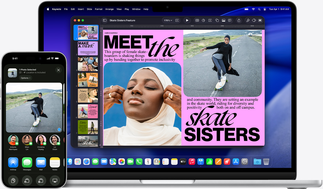 iPhone 16 Plus z otwart? aplikacj? Zdj?cia, 13?calowy MacBook Air z otwartym slajdem Keynote, na slajdzie zdj?cie z iPhone’a