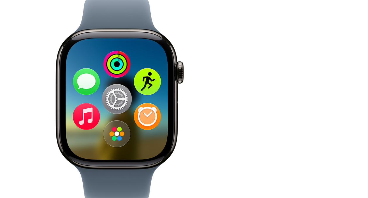 Apple Watch Series?11 z kopert? z tytanu w kolorze ?upku wy?wietla ekran aplikacji Dynamic Island