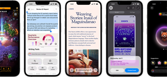 Dispozitive iPhone 17e al?turate, cu imagini diferite pe ecrane: un joc ?n desf??urare, Instrumente de scris, aplica?ia Apple TV, crearea unui eveniment ?n calendar, crearea unui Genmoji