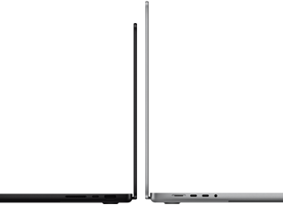 MacBook Pro de 14 inchi ?i 16 inchi, spate la spate, prezentand diferen?a de dimensiune ?i subliniind profilul ?ngust
