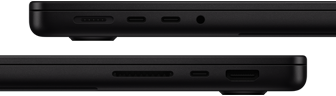 Prezentare porturi MacBook Pro — partea stang?: MagSafe 3, dou? porturi Thunderbolt ?i muf? pentru c??ti — partea dreapt?: slot pentru card SDXC, un port Thunderbolt ?i HDMI