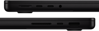Prezentare porturi MacBook Pro — partea stang?: MagSafe 3, dou? porturi Thunderbolt ?i muf? pentru c??ti — partea dreapt?: slot pentru card SDXC, un port Thunderbolt ?i HDMI