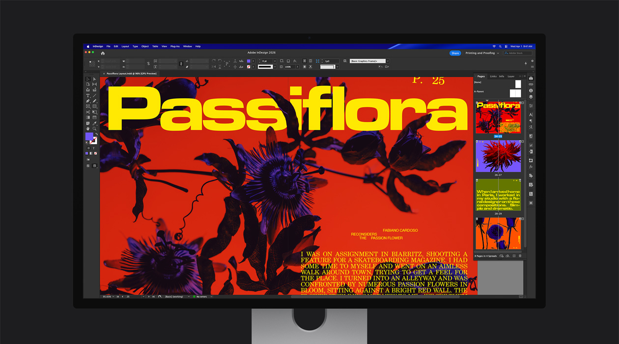 ?ntr-un fi?ier Adobe InDesign 2026, o pagin? dubl? de revist? plin? de via?? prezint? spa?iul de culoare P3 + Adobe RGB