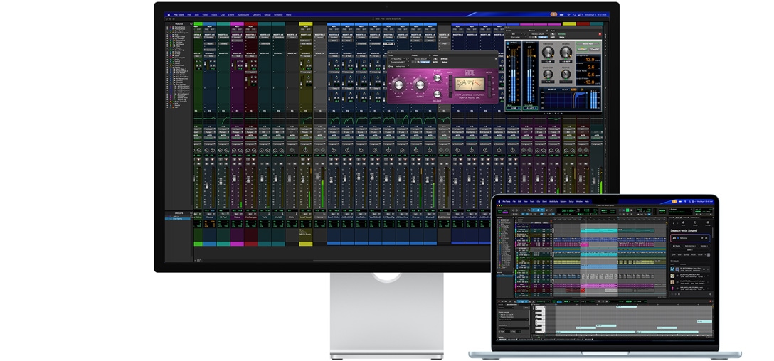 Studio Display ?i un laptop Mac afi?and o sesiune ?n Pro Tools cu integrare Splice, sticla cu textur? nano contribuie la reducerea reflexiilor pe ecranul ?ntunecat al aplica?iei