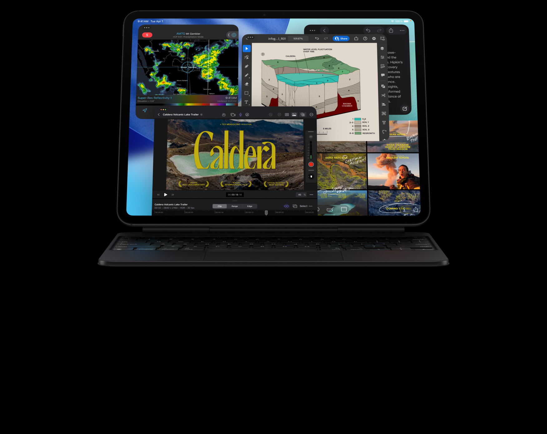 iPad Pro, ?nden d?? g?rünüm, yatay pozisyonda, uzay siyah? renk, Magic Keyboard’a tak?l?, uzay siyah?, ekranda birden fazla uygulama penceresi g?steriliyor: ?ok say?da video düzenleme ?zelli?i ve bir zaman ?izelgesi ile Final Cut Pro, Harita, Notlar, medya klipleri