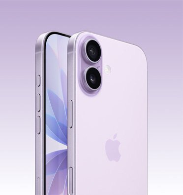 Ekran? k?smen g?rünen ve yan duran Lavanta rengi iPhone 17’nin Eylem dü?mesi, ses dü?mesi ve yan dü?mesi g?rünüyor. Arkadan d?? g?rünümünde sol üst k??ede geli?mi? ?ift kamera sistemi g?rünüyor.