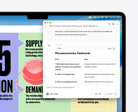 MacBook Air ekran?nda mikro ve makro ekonomi hakk?nda bilgi kartlar? olu?tururken Apple Intelligence Yazma Ara?lar? g?steriliyor