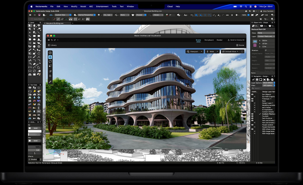 Maxon Redshift ile Vectorworks Design Suite’i g?steren MacBook Pro ekran?
