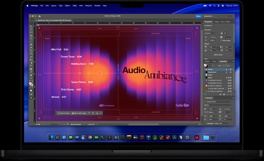 MacBook Pro ekran?nda bir plak kapa??n? tasarlamak i?in kullan?lan Adobe InDesign g?steriliyor