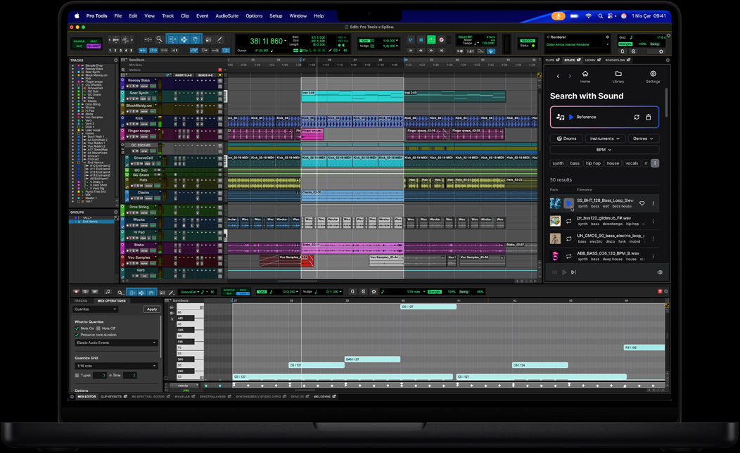 MacBook Pro ekran?nda bir ?ark?n?n düzenlenmesi i?in kullan?lan Pro Tools g?steriliyor