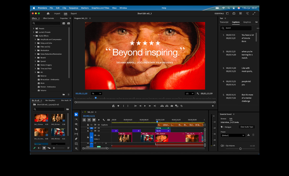 MacBook ekran?nda, Adobe Premiere Pro’da Eternal Play adl? filmin nas?l düzenlendi?i g?steriliyor
