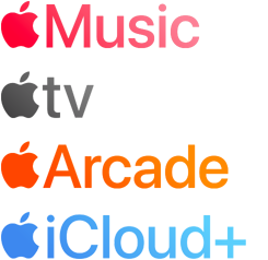 Apple 訂閱服務(wù)標誌，包括 Apple Music、Apple TV、Apple Arcade、iCloud Plus
