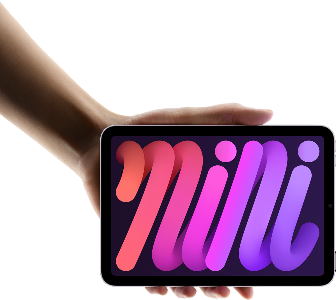 使用者以單手拿著橫向擺放的 iPad mini，展示精巧尺寸與方便攜帶的特色。