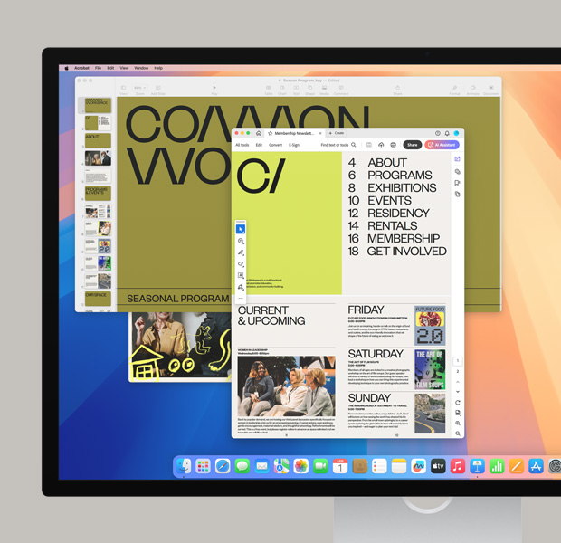 色彩繽紛的螢?zāi)划嬅?，展?Dock 中的多款 app，以及正在使用的 Safari 和 Adobe Acrobat