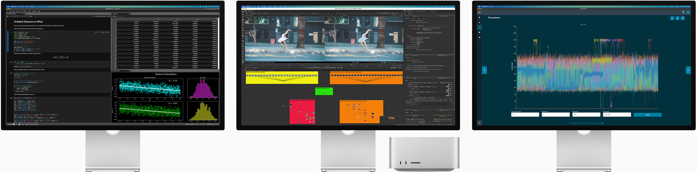 Mac Studio 和三部 Studio Display，螢?zāi)簧辖燥@示不同的 macOS app