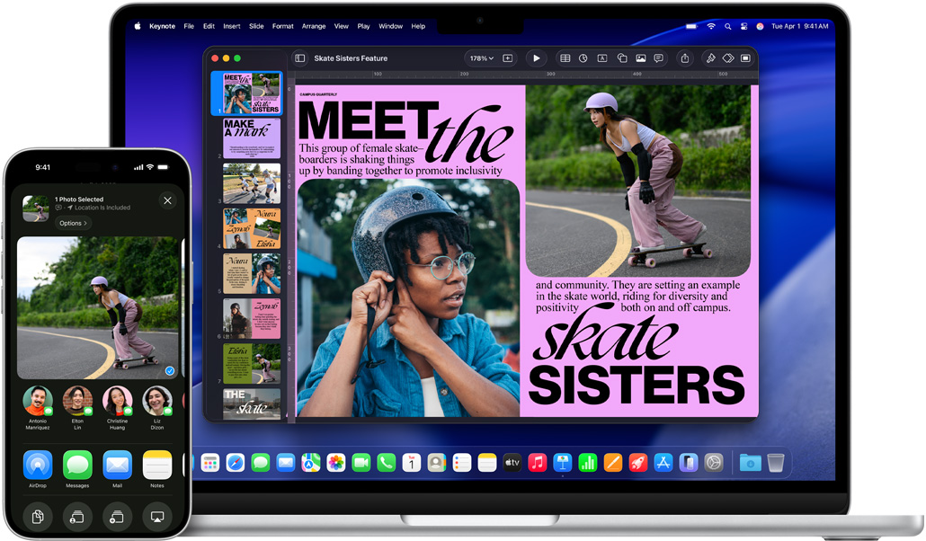 iPhone 16 Plus 展示打開的照片 app，13 吋 MacBook Air 展示打開的 Keynote 幻燈片，幻燈片上可看到 iPhone 上的同一張照片