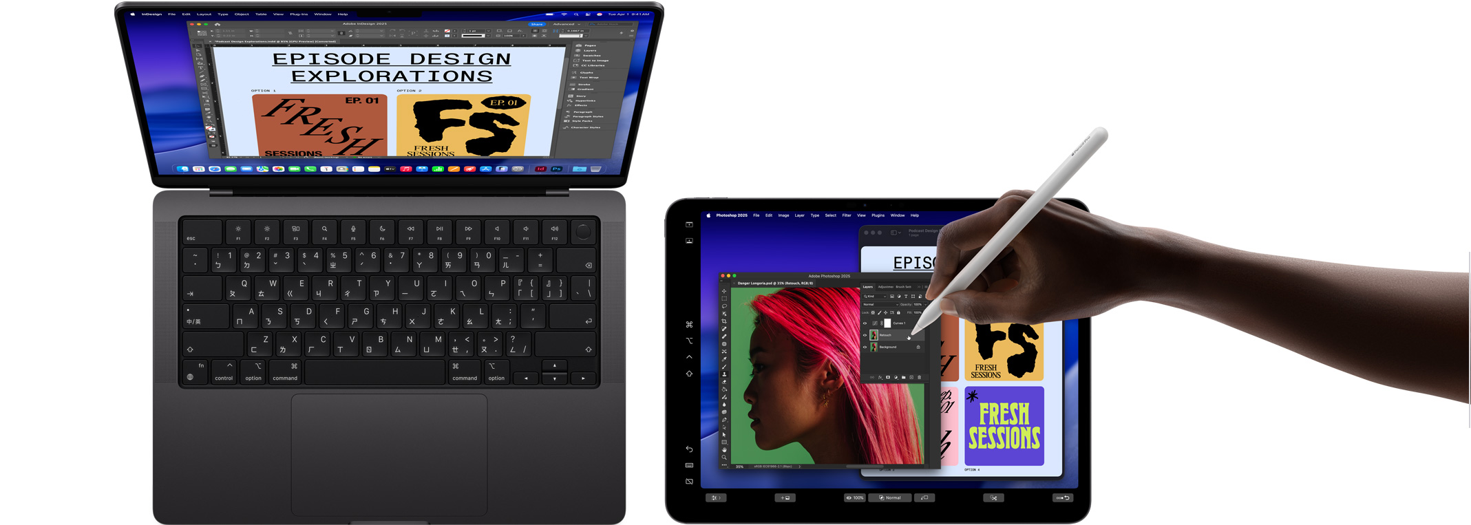 14 吋 MacBook Pro，13 吋 iPad Pro 被用來當作 MacBook 的延伸顯示器，一隻手以 Apple Pencil Pro 操作 iPad 上的影像