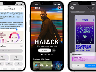 Два iPhone 17e, на екранах яких в?дображаються р?зн? в?кна: гра, функц?я ?Засоби письма?, додаток Apple TV, створення под?? в календар?, створення Genmoji