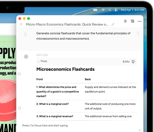 Екран MacBook Air, на якому показано Засоби письма Apple Intelligence п?д час створення флешкартки про м?кро- й макроеконом?ку