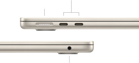 Закритий MacBook Air, вигляд зл?ва, показано порт MagSafe ? два порти Thunderbolt, вигляд справа, показано порт для навушник?в