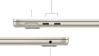 Закритий MacBook Air, вигляд зл?ва, показано порт MagSafe ? два порти Thunderbolt, вигляд справа, показано порт для навушник?в
