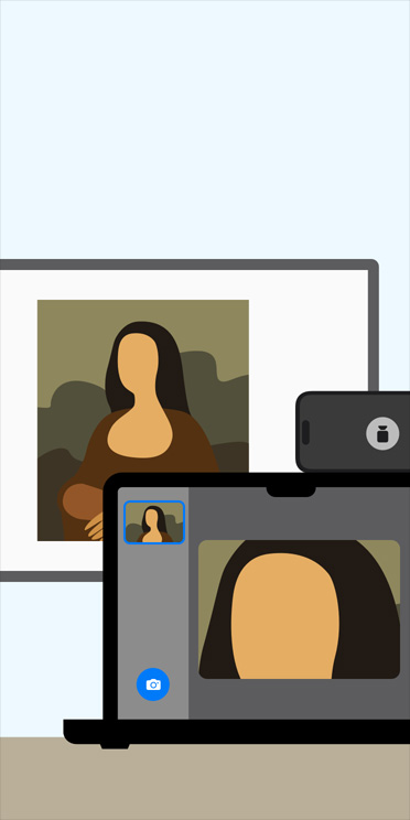 Animowana ilustracja przedstawiaj?ca apk? Lupa na MacBooku, powi?kszaj?c? obraz Mona Lisy wy?wietlany na tablicy w klasie