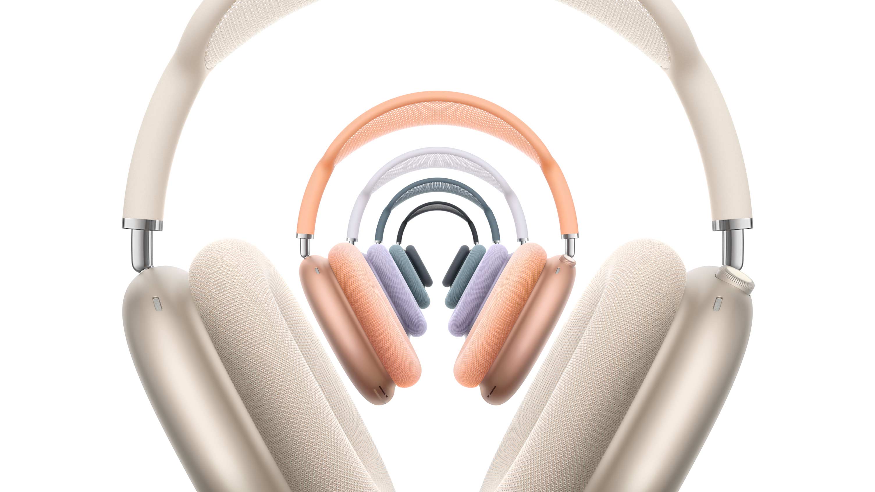 Viidet AirPods Max 2 ?kuulokkeet, etupuoli, pinossa, v?rein? t?htivalkea, oranssi, violetti, sininen ja keskiy?
