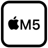 Quadratische Grafik mit gerundeten Ecken, innen ein Apple Logo neben dem Text ?M5“