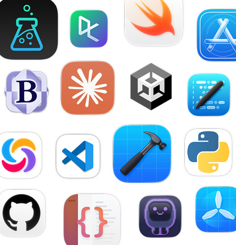 En upps?ttning ikoner f?r kodningsappar, inklusive Unity Editor, DataCamp, Swift Playground och Apple Developer.