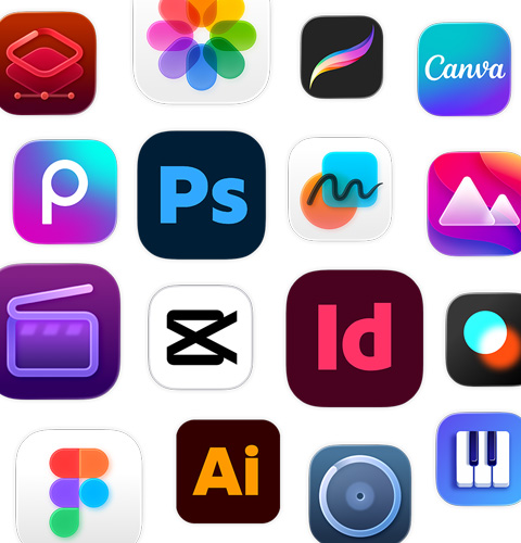 En samling ikoner f?r kreativitetsappar, inklusive Adobe Illustrator, Canva, CapCut och Figma