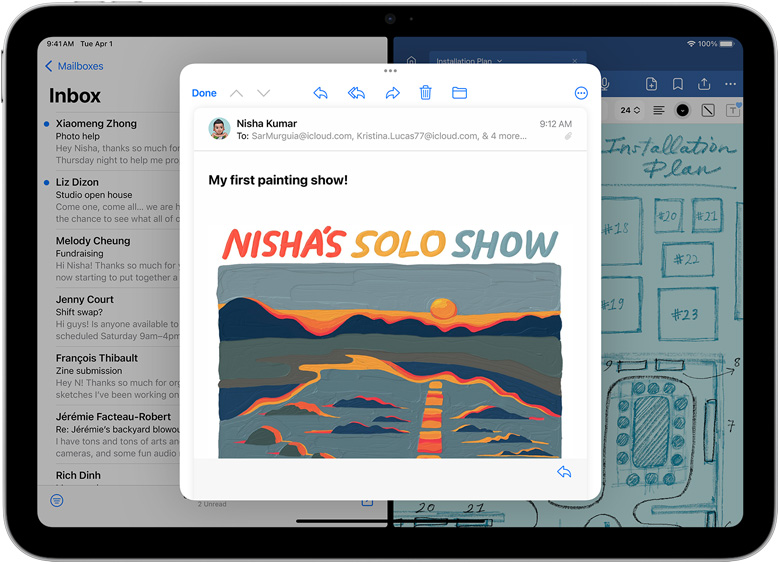 Mail et GoodNotes c?te à c?te sur un iPad. Un e-mail est ouvert dans une fenêtre distincte.
