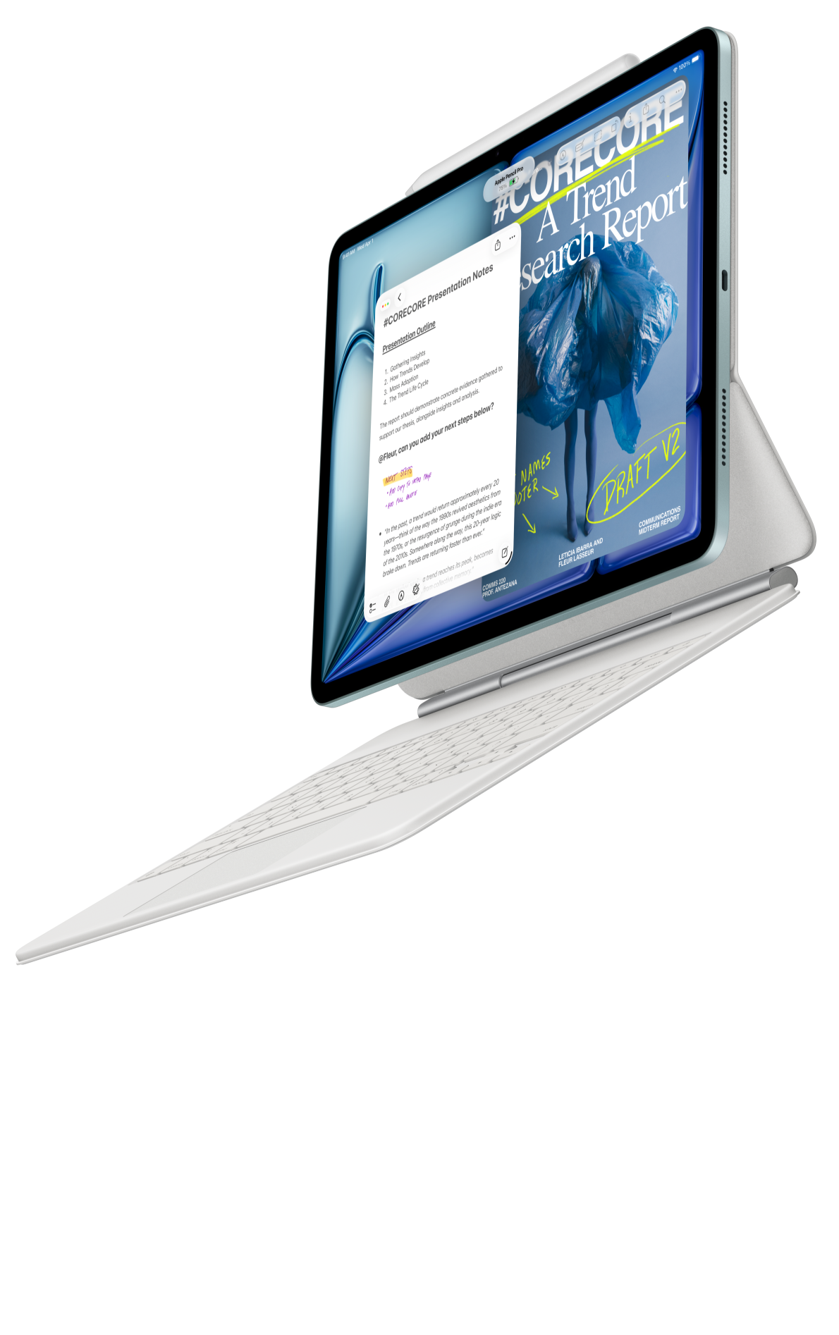 iPad Air fixé à un Magic Keyboard pour iPad Air et à un Apple Pencil Pro