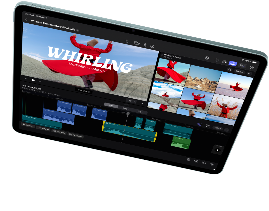 iPad Air en mode paysage, mettant en avant le montage vidéo dans Final Cut Pro