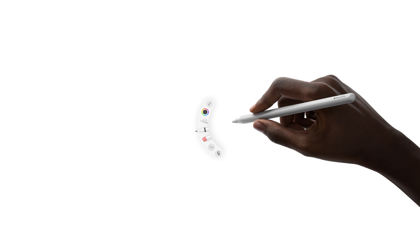 iPad Pro, prednja strana, pejza?na orijentacija, animacija ruke koja dr?i Apple Pencil Pro, gesta stiska otvara paletu alata ispod vrha olovke