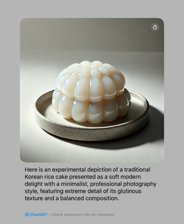 Slika eksperimentalnog prikaza tradicionalnog korejskog kola?a od ri?e s obja?njenjem karakteristika fotografije generirane pomo?u Apple Intelligencea s integracijom ChatGPT-ja