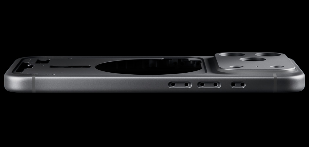 iPhone 17 Pro, fra baksiden, st?pt unibody-kabinett av aluminium